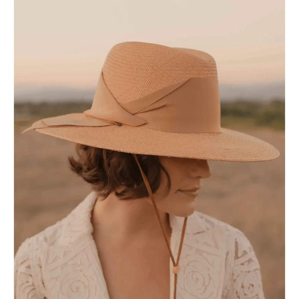 FREYA for VERONICA BEARD Field Gardenia Panama Hat in Tan Raffia Suede Strap New - Picture 11 of 11